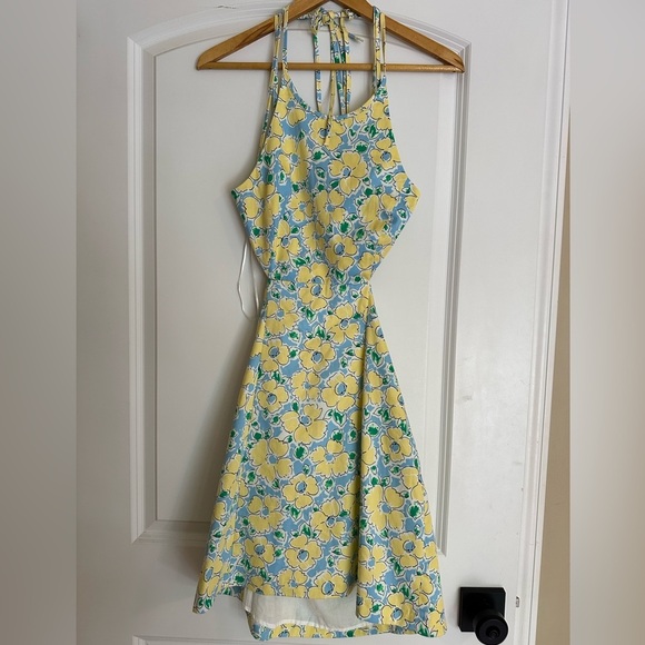 NWT ZARA Blue Yellow White Floral Cutout Backless Halter Mini Dress - Picture 3 of 7
